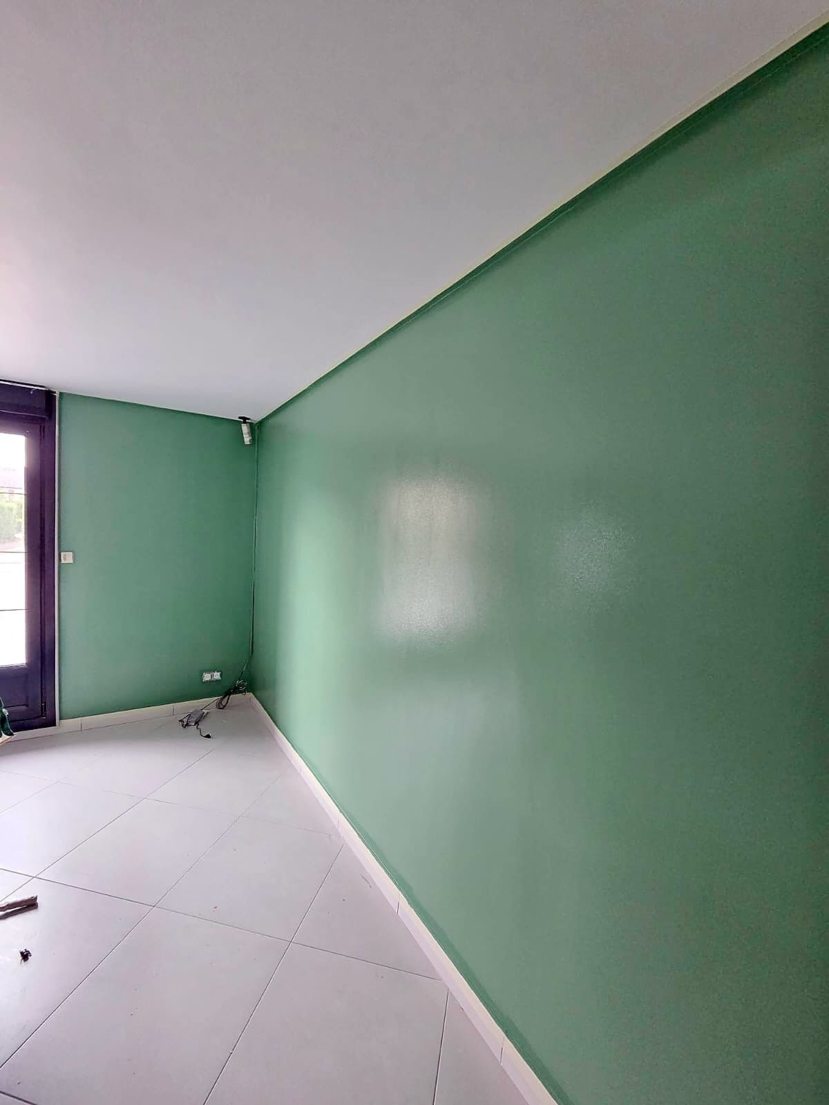 Salon à Dunkerque après peinture, murs verts et carrelage clair
